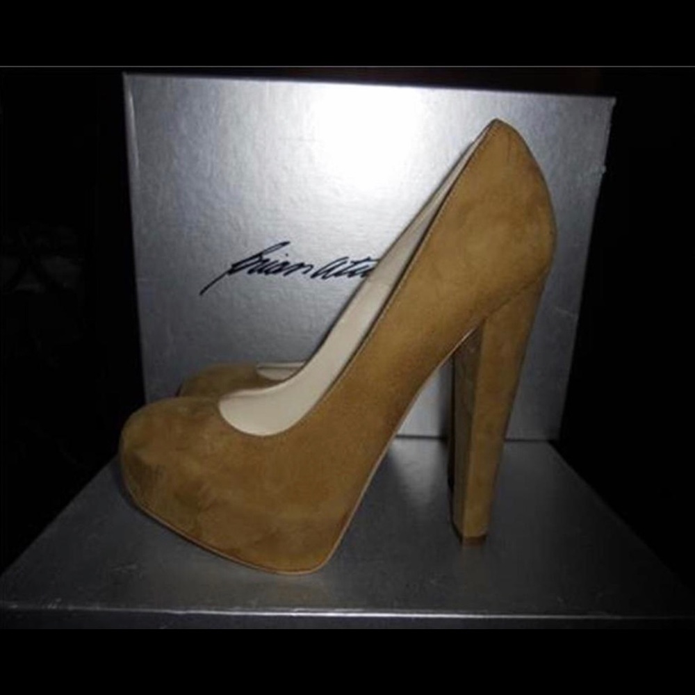 Brian Atwood “Power” Coffee Suede Platform Pumps